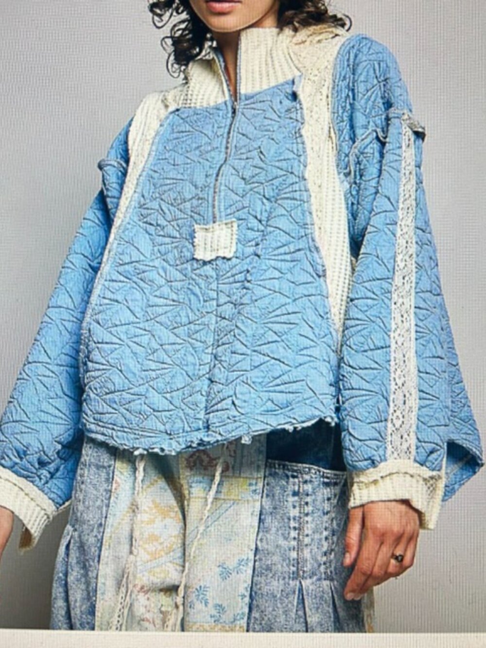 POL Cornflower Blue Lace Lush Relaxed Zip Quilted Patchwork Woven Hoodie Top NEW